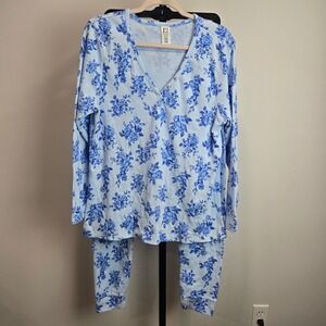 PJ Place Women Blue Floral Waffle Knit Pajama Set Henley Top Jogger Pants L XL